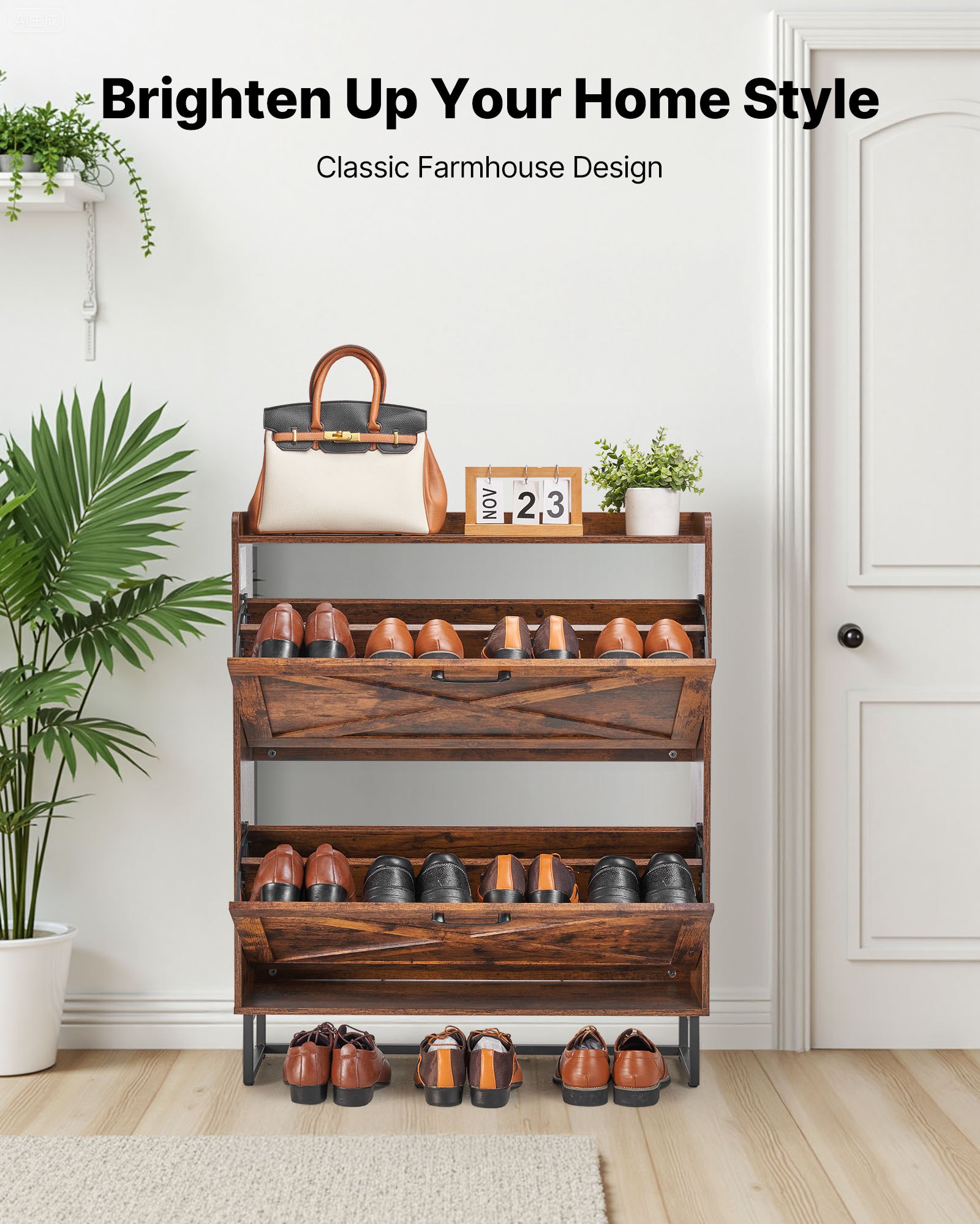 VEVOR Schuhschrank mit 2 Klappen & Kippschutz, platzsparender Schuhkipper, freistehender Schuhregal-Organizer für den Eingang Flur Wohnzimmer Veranda, Vintage Schuhregal 800x240x973mm Braun