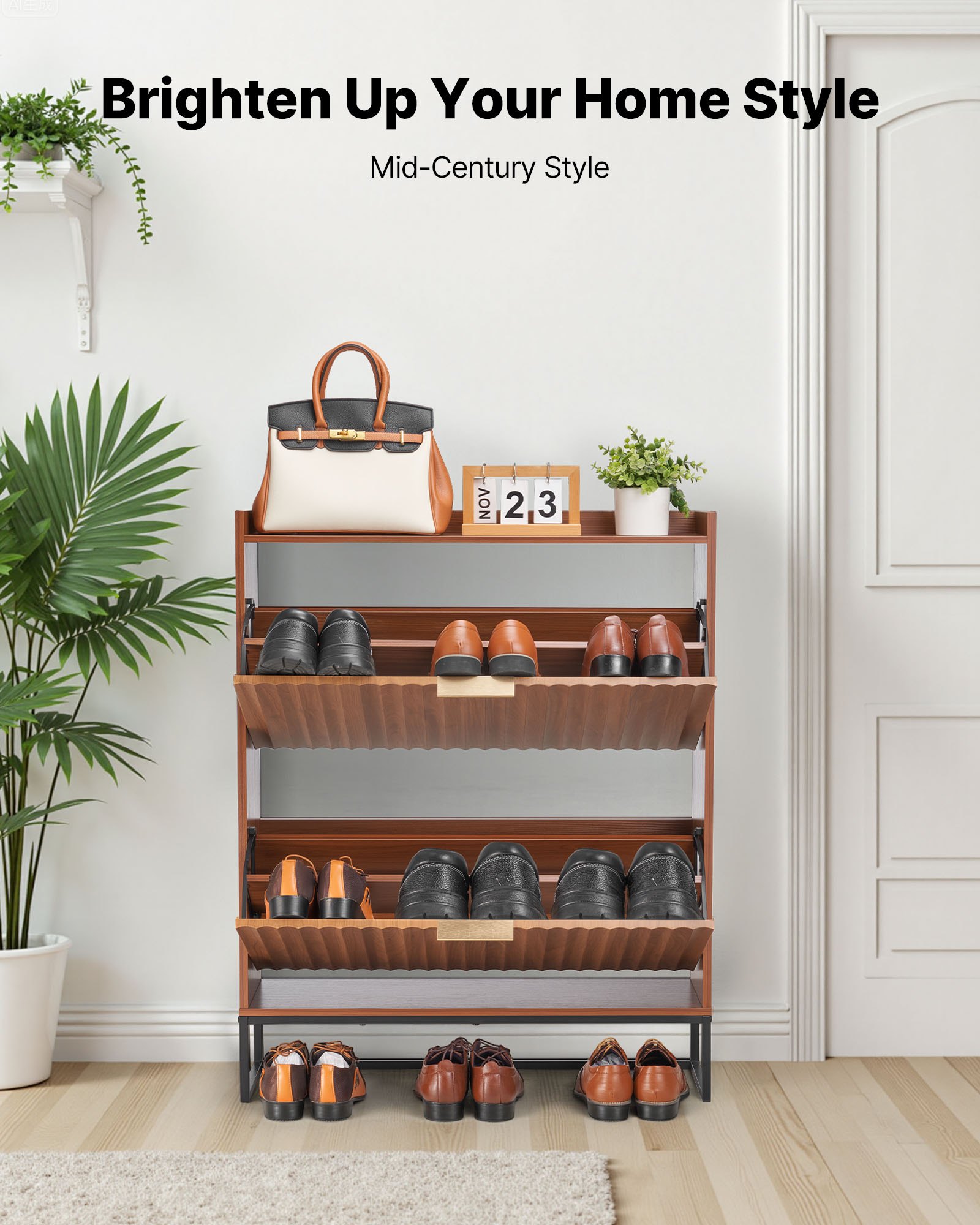 VEVOR Schuhschrank mit 2 Klappen, platzsparender Schuhkipper & Kippschutz, freistehender Schuhregal-Organizer für den Eingang Flur Wohnzimmer Veranda, Schuhregal 80 x 24 x 100 cm Braun