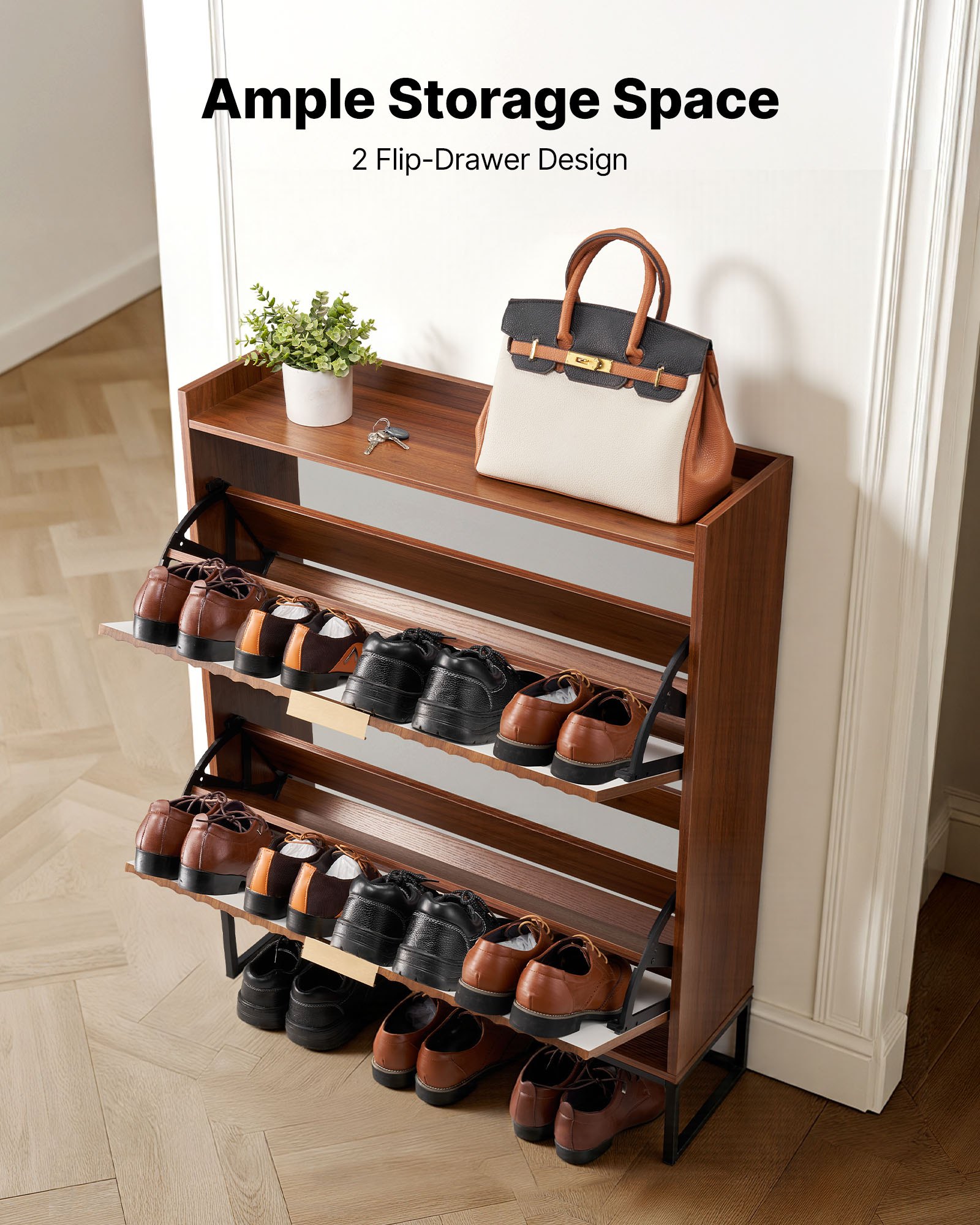 VEVOR Schuhschrank mit 2 Klappen, platzsparender Schuhkipper & Kippschutz, freistehender Schuhregal-Organizer für den Eingang Flur Wohnzimmer Veranda, Schuhregal 80 x 24 x 100 cm Braun
