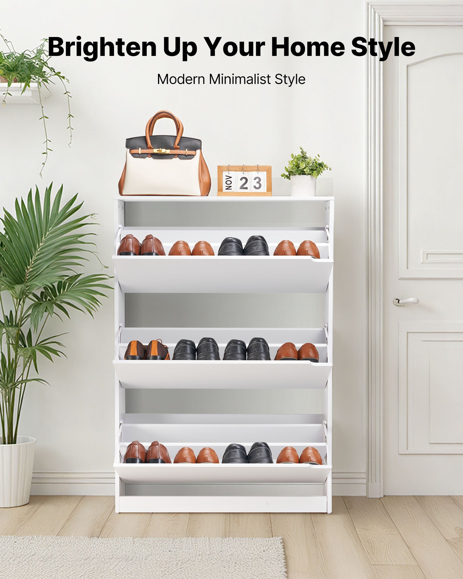 VEVOR Schuhschrank mit 3 Klappen, platzsparender Schuhkipper, freistehender Schuhregal-Organizer für den Eingang Flur Wohnzimmer Veranda, modernes Schuhregal 800 x 220 x 1165 mm Weiß