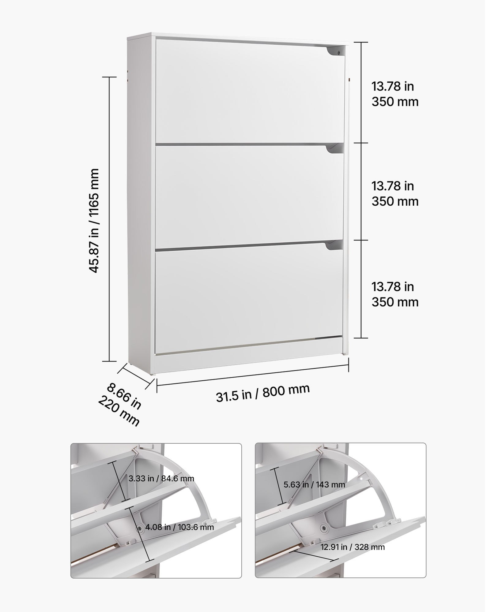 VEVOR Schuhschrank mit 3 Klappen, platzsparender Schuhkipper, freistehender Schuhregal-Organizer für den Eingang Flur Wohnzimmer Veranda, modernes Schuhregal 800 x 220 x 1165 mm Weiß