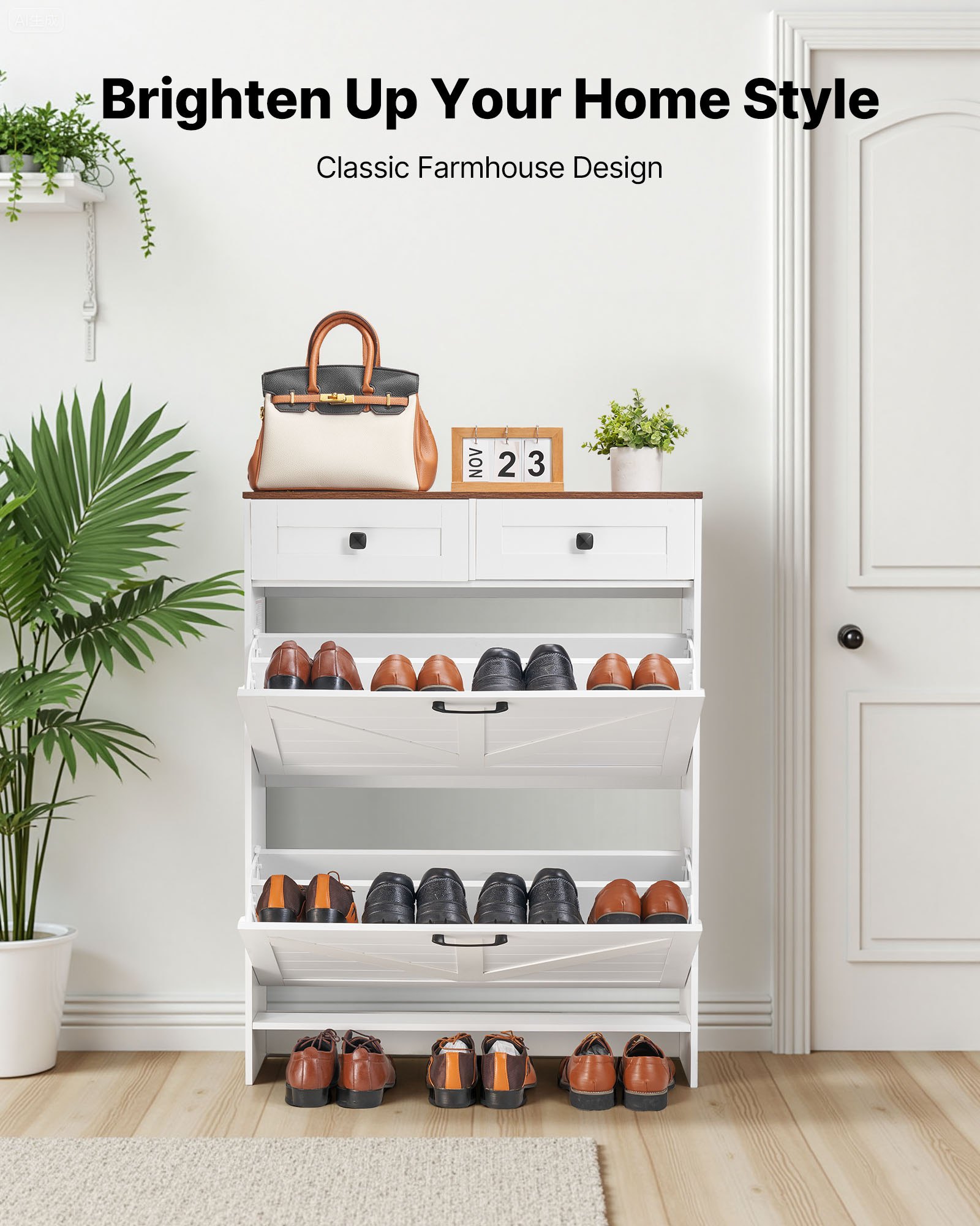 VEVOR Schuhschrank mit 2 Klappen & Kippschutz & Schubladen, platzsparender Schuhkipper, freistehender Schuhregal-Organizer für den Eingang Flur Wohnzimmer Veranda, Schuhregal 80x24x105 cm Weiß