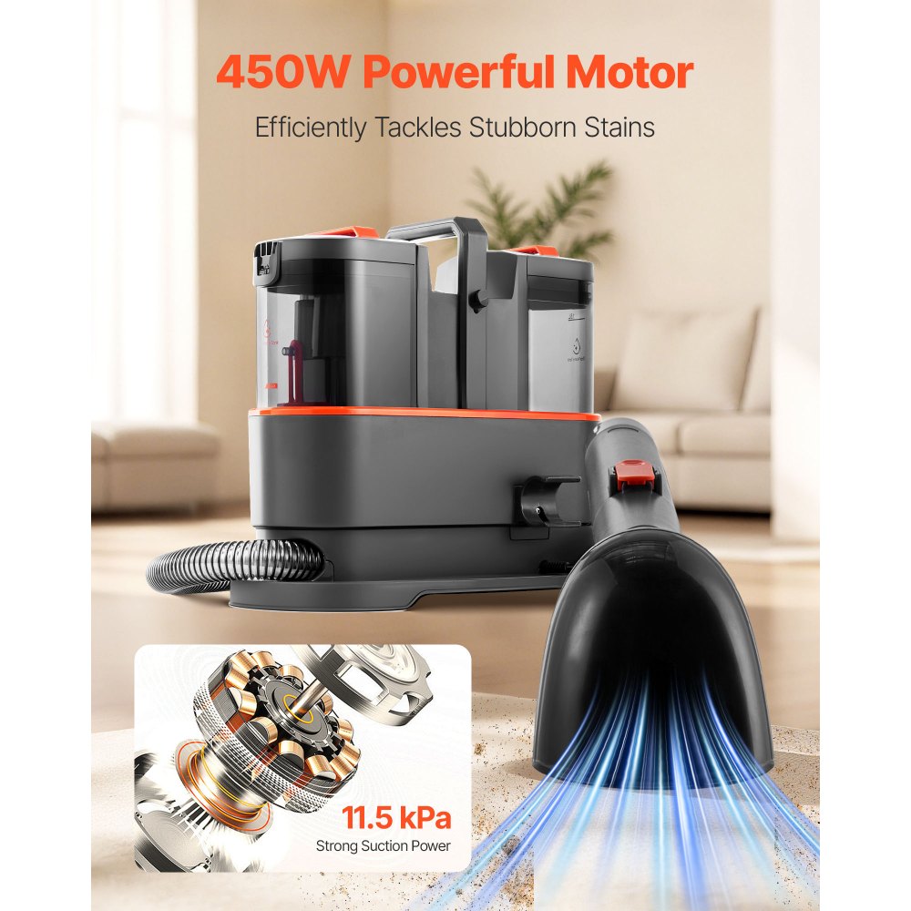 VEVOR Teppichreinigungsmaschine 1,5 L Frischwassertank & 0,8 L Schmutzwassertank, tragbarer Polsterreiniger, 11,5 kPa Waschsauger Fleckentiefenreiniger für Teppich Couch Haushaltsreinigung