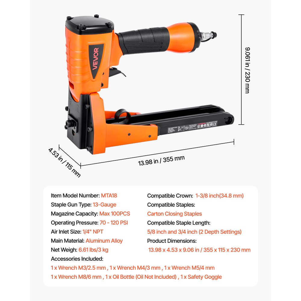 VEVOR Pneumatisches Kartonverschlussgerät, Kartonverschlusshefter für 34,8 mm Krone, 16 mm und 19 mm Länge,  70–120 PSI Kartondeckelhefter für Kisten, Kartonverschluss, Verpackung