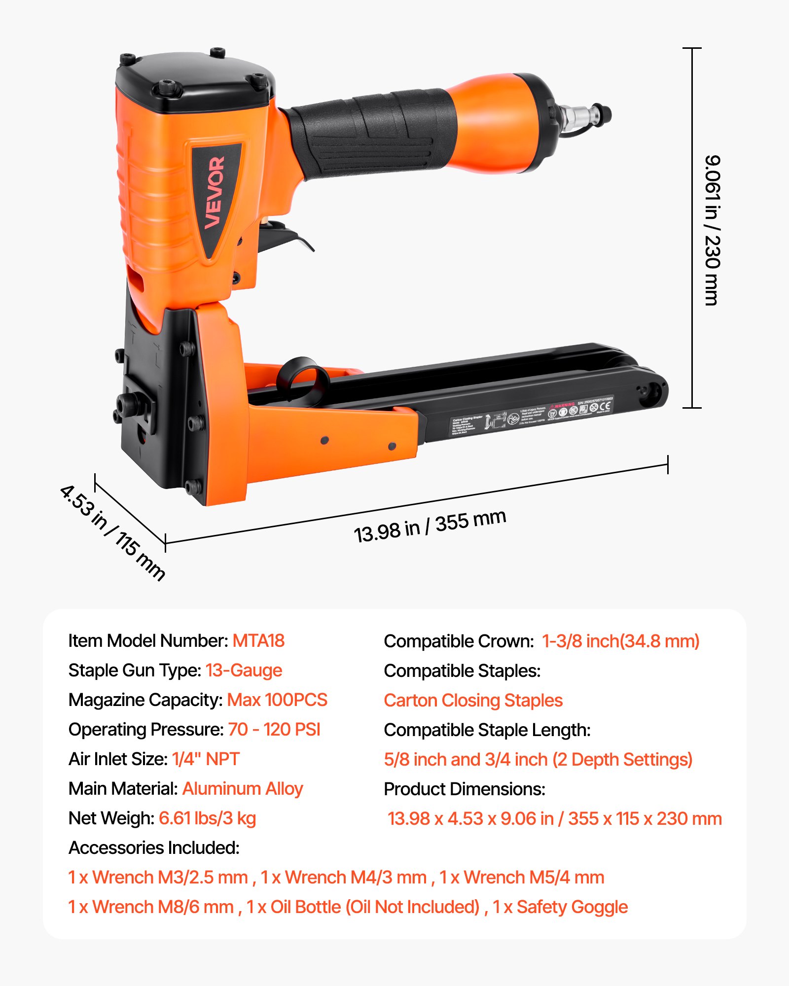 VEVOR Pneumatisches Kartonverschlussgerät, Kartonverschlusshefter für 34,8 mm Krone, 16 mm und 19 mm Länge,  70–120 PSI Kartondeckelhefter für Kisten, Kartonverschluss, Verpackung
