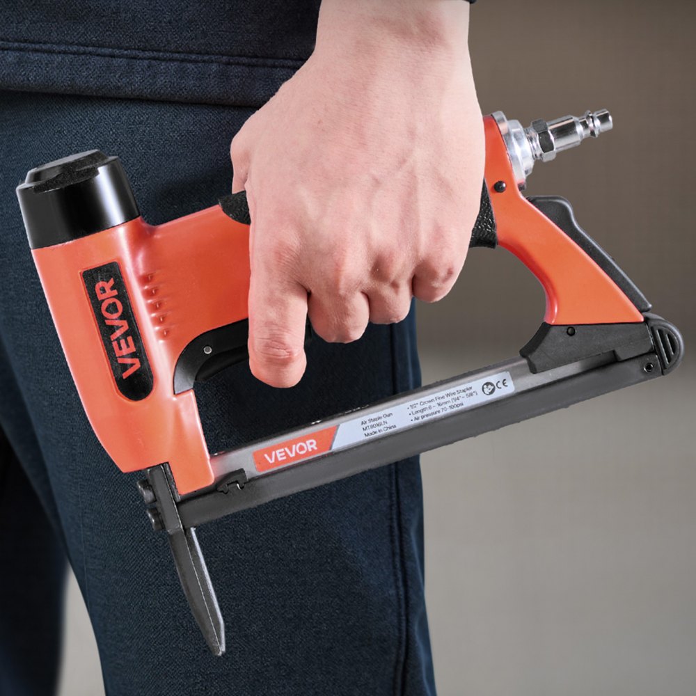 VEVOR Drucklufttacker, Langnasen-Druckluftnagler für Feindrahtklammern der Serie 80, 12,8 mm Krone, 6–16 mm Länge, max. 150 Stk. Nagelpistole für Polsterarbeiten, Holzbearbeitung, Heimwerken