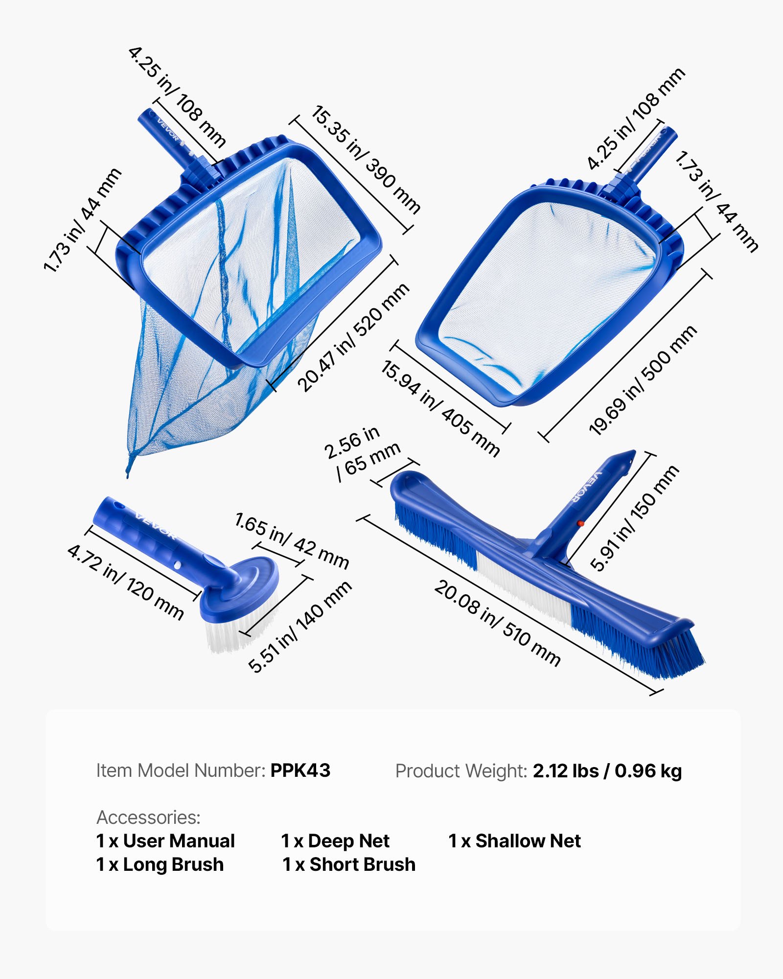 VEVOR Reinigungsset für Pools inkl. 2 abnehmbaren Bürstenköpfen (51/14 cm) & 2 Pool-Skimmernetzen, Reinigungswerkzeugset für eingebaute/oberirdische Pools für Blätter, feines Netz, keine Stangen
