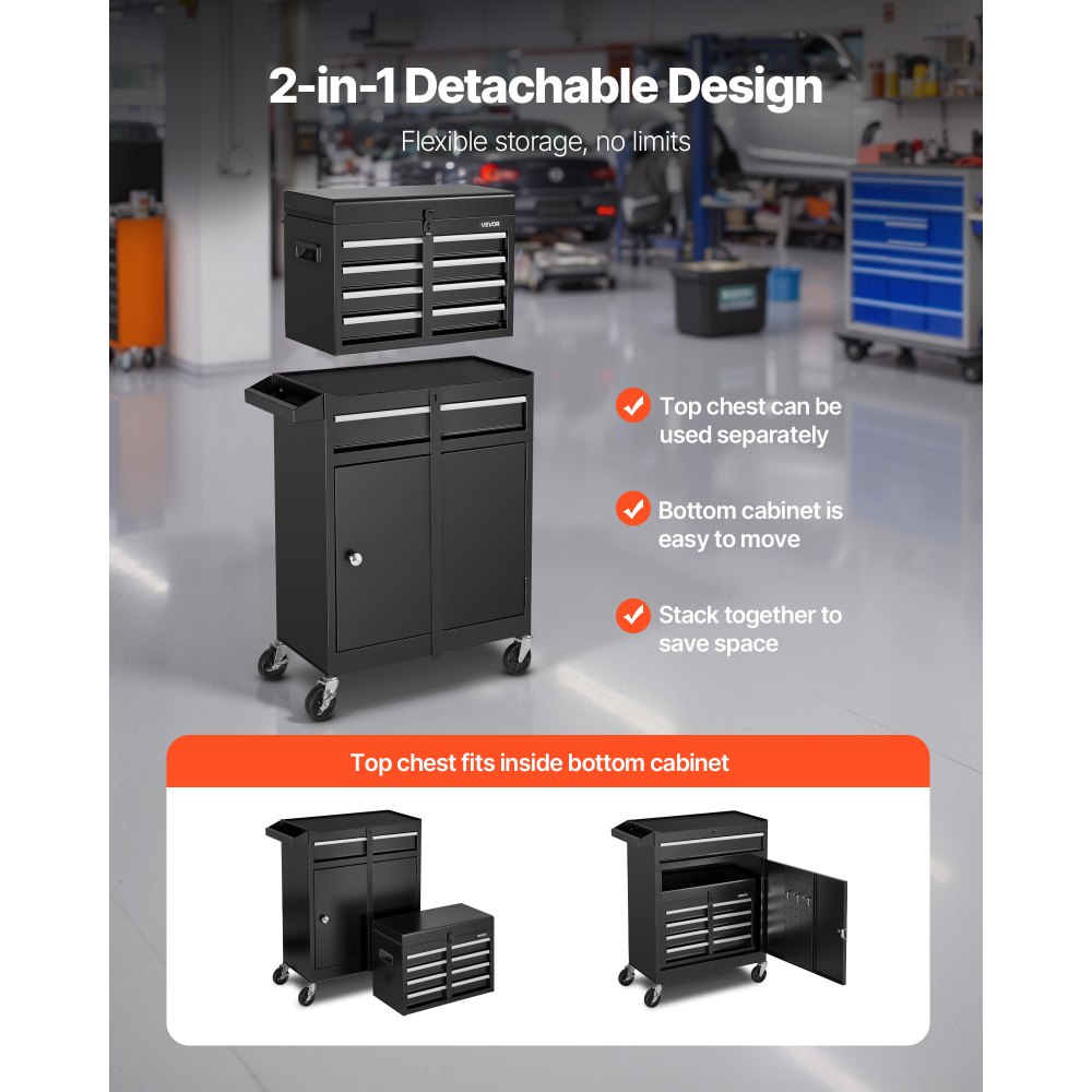 VEVOR Rolling Tool Chest, 2-in-1 Design, 5 Drawers Tool Cabinet Organizer with Detachable Top Metal Toolbox, Lock Bar, Protective Liner, and Tools Rack, Garage Storage Cabinet for Warehouse, Workshop