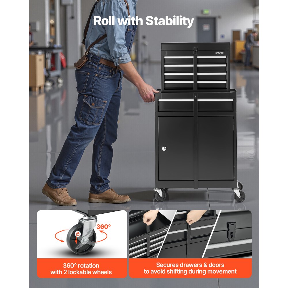 VEVOR Rolling Tool Chest, 2-in-1 Design, 5 Drawers Tool Cabinet Organizer with Detachable Top Metal Toolbox, Lock Bar, Protective Liner, and Tools Rack, Garage Storage Cabinet for Warehouse, Workshop