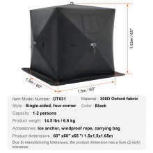 VEVOR Angelzelt 1-2 Personen Anglerschirm Eisangelzelt 1,5x1,5x1,65m Schwarz