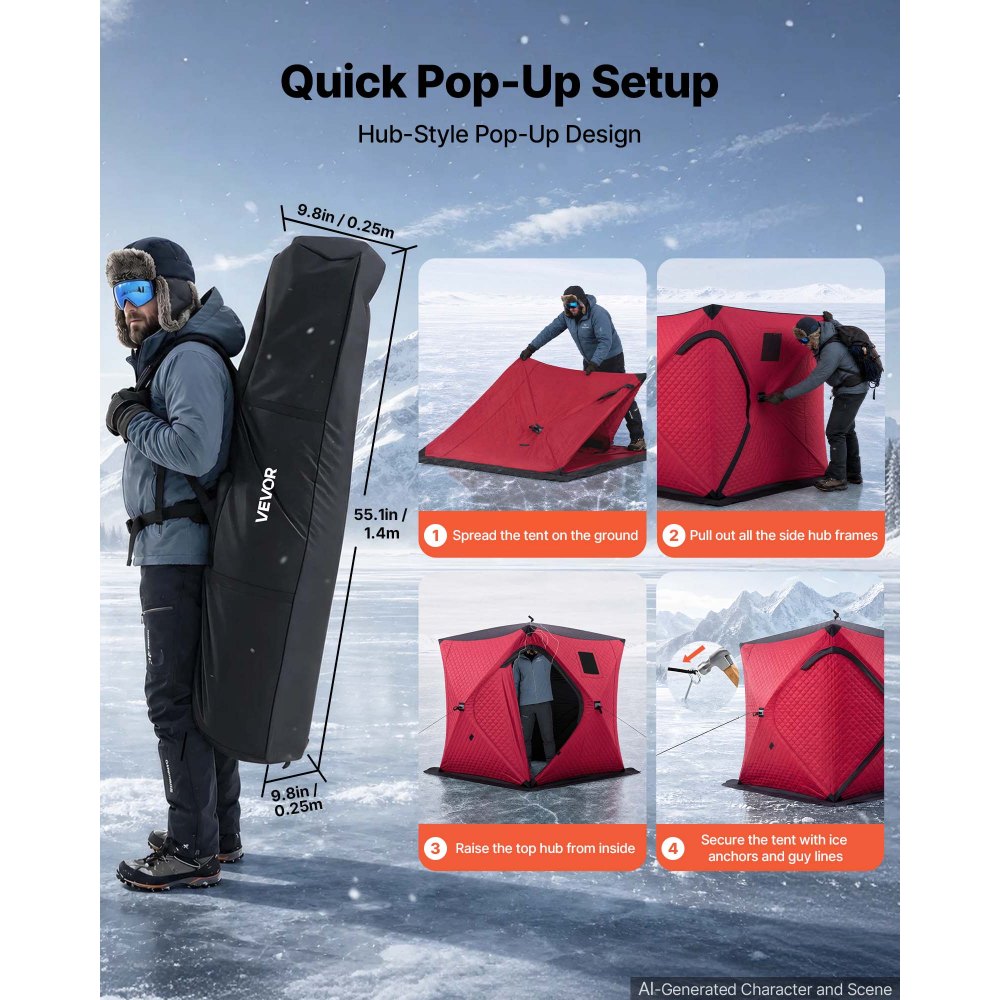 VEVOR Eisangelzelt Eisfischerzelt für 3-4 Personen 1,8x1,8x2m Zelt Isoliert, für Winterfischen, 3,13 m² Fläche, 600D 4-Lagiges Gewebe, Tragbares, Hub-Style-Angelzelt mit Ankern, Seilen, Tragetasche, Rot