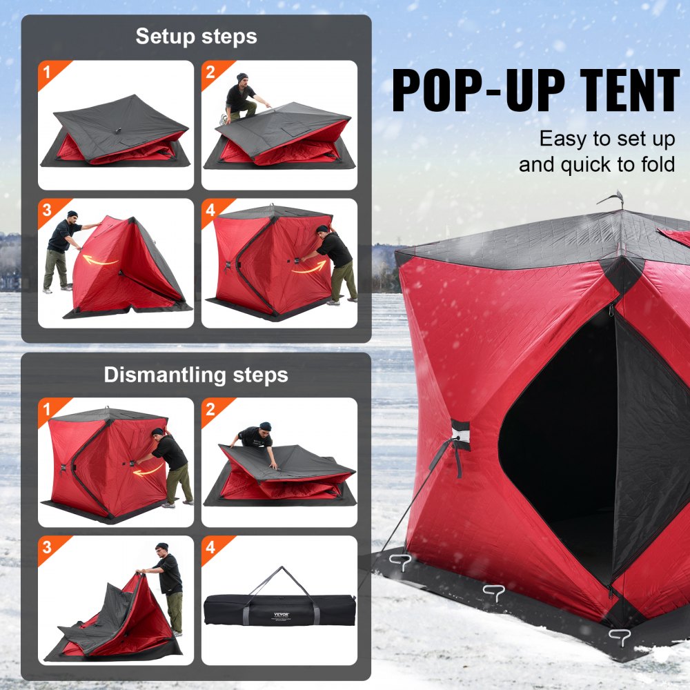 VEVOR Portable Ice Fishing Tent, Pop-Up Ice Fishing Tent for 1-2 People, Fishing Tent 600D Oxford Fabric, Angler's Umbrella, Ice Hut for Winter Fishing, Tent with Anchors/Rope/Carrying Bag, 1.5x1.5x1.65m Red