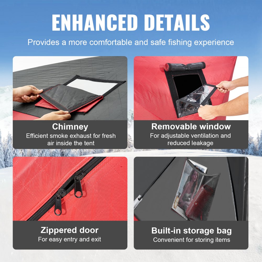 VEVOR Portable Ice Fishing Tent, Pop-Up Ice Fishing Tent for 1-2 People, Fishing Tent 600D Oxford Fabric, Angler's Umbrella, Ice Hut for Winter Fishing, Tent with Anchors/Rope/Carrying Bag, 1.5x1.5x1.65m Red