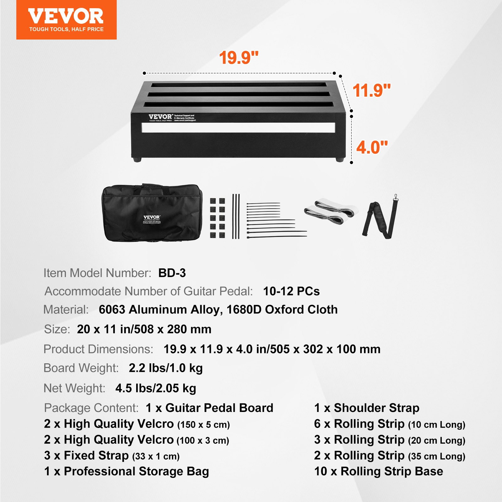 VEVOR Pedalboard für Gitarre, 508 x 280 mm, Aluminiumlegierung, 1 kg, Pedalboard für Gitarreneffekte, mit Tragetasche, Klettverschluss, Rollstreifen, bietet Platz für 10–12 Gitarrenpedale