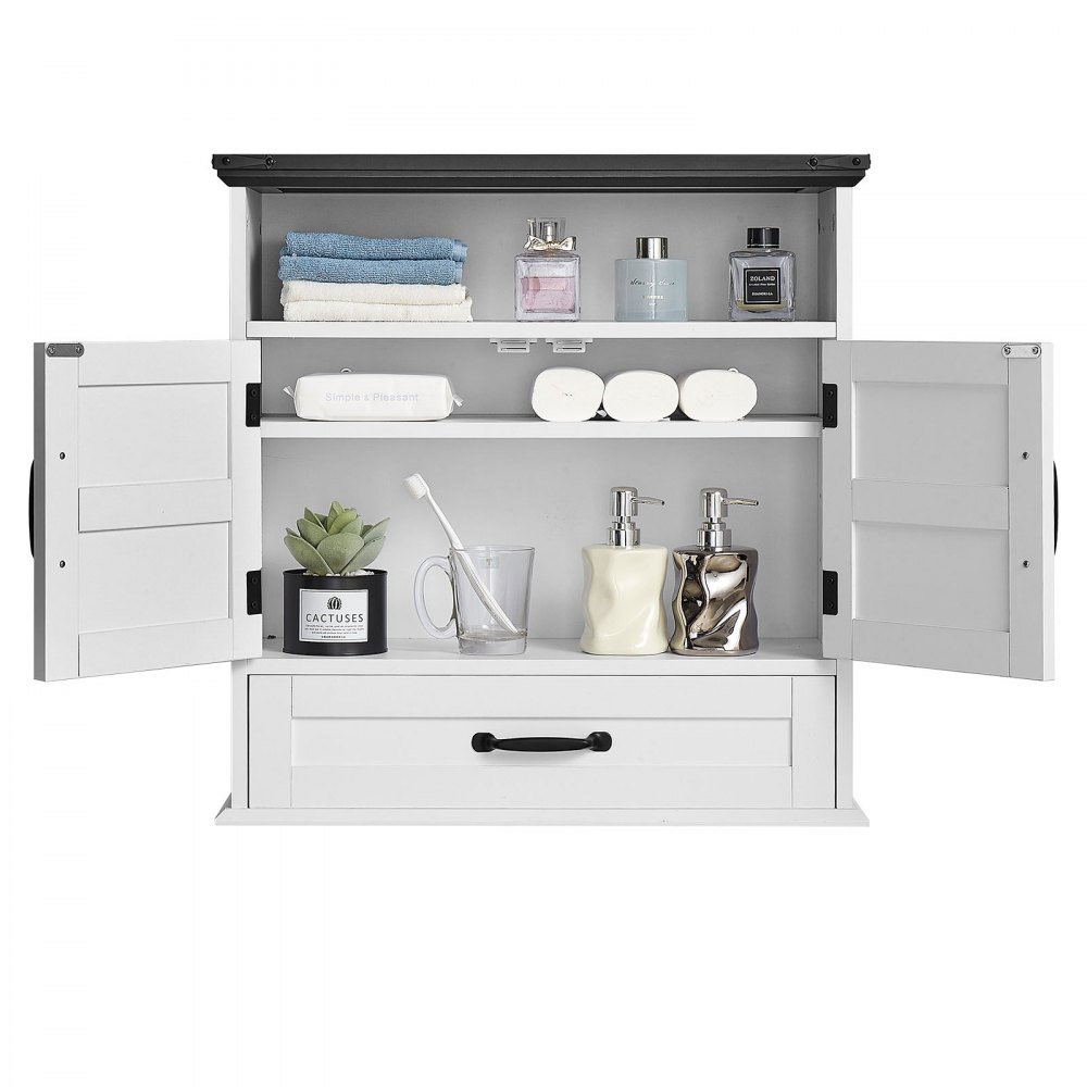 VEVOR Bathroom Wall Cabinet, 2 Doors & Adjustable Shelf, Over the Toilet Storage Medicine Cabinet Wall Mounted, Hanging Organizer with Drawer & Open Partition for Laundry Room Kitchen Restroom, White