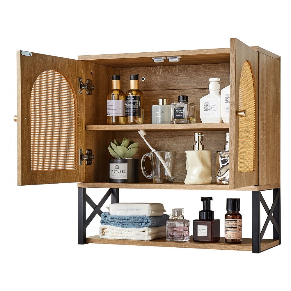 VEVOR Bathroom Wall Cabinet, with 2 Doors and Adjustable Shelf, Over the Toilet Storage Medicine Cabinet Wall Mounted, Hanging Organizer with Shelves & Open Partition for Laundry Room Kitchen Restroom