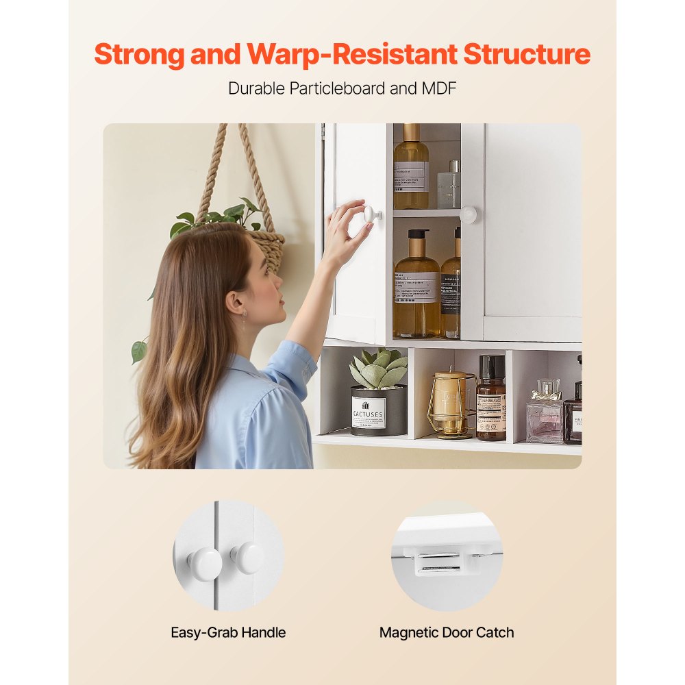 VEVOR Bathroom Wall Cabinet, 2 Doors & Adjustable Shelf, Over the Toilet Storage Medicine Cabinet Wall Mounted, Hanging Organizer with Shelves & Open Partition for Laundry Room Kitchen Restroom, White