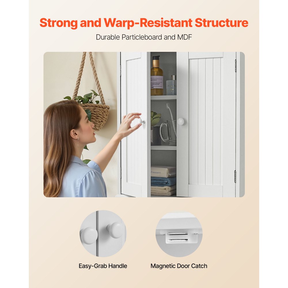 VEVOR Bathroom Wall Cabinet, 2 Doors and Adjustable Shelf, Over the Toilet Storage Medicine Cabinet Wall Mounted, Space Saving Hanging Organizer with Shelves for Laundry Room Kitchen Restroom, White