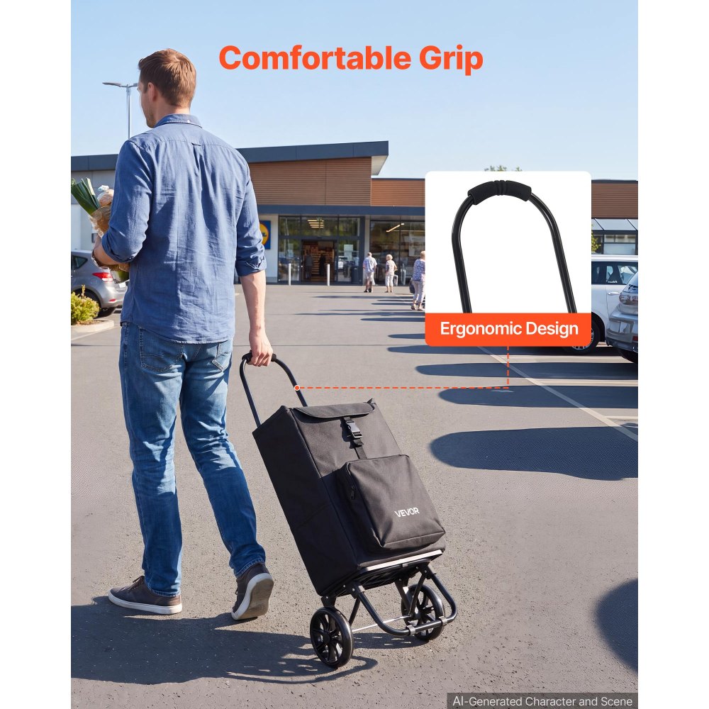 VEVOR Einkaufstrolley Faltbarer Einkaufswagen mit 35kg Tragkraft Schwarz, 27L Kapazität, Mit Kühlfach Schaumstoffgriff + Rollen, Tasche Abnehmbar, 2-in-1 Einkaufsroller für Einkauf Camping Haushalt
