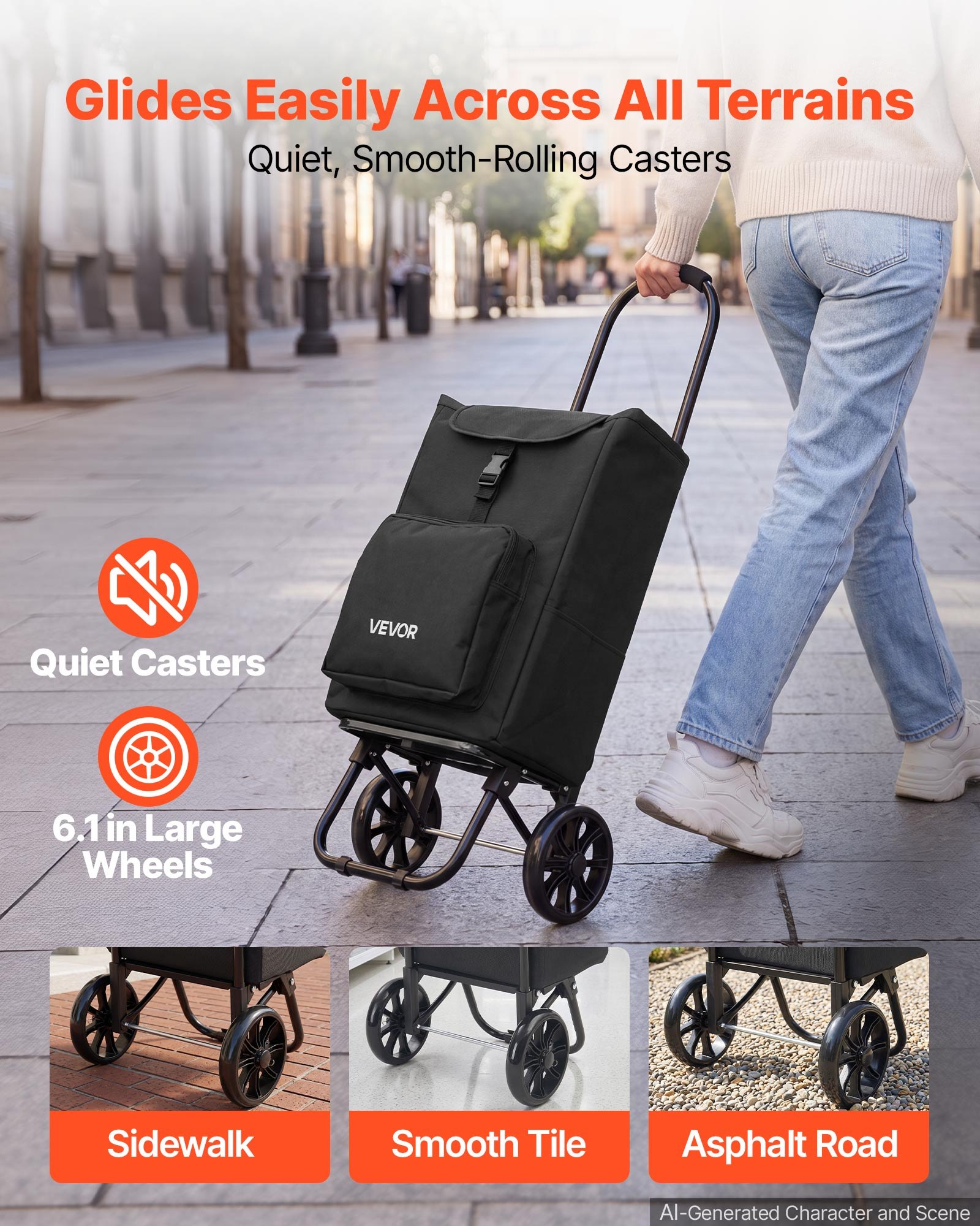 VEVOR Einkaufstrolley Faltbarer Einkaufswagen mit 35kg Tragkraft Schwarz, 27L Kapazität, Mit Kühlfach Schaumstoffgriff + Rollen, Tasche Abnehmbar, 2-in-1 Einkaufsroller für Einkauf Camping Haushalt
