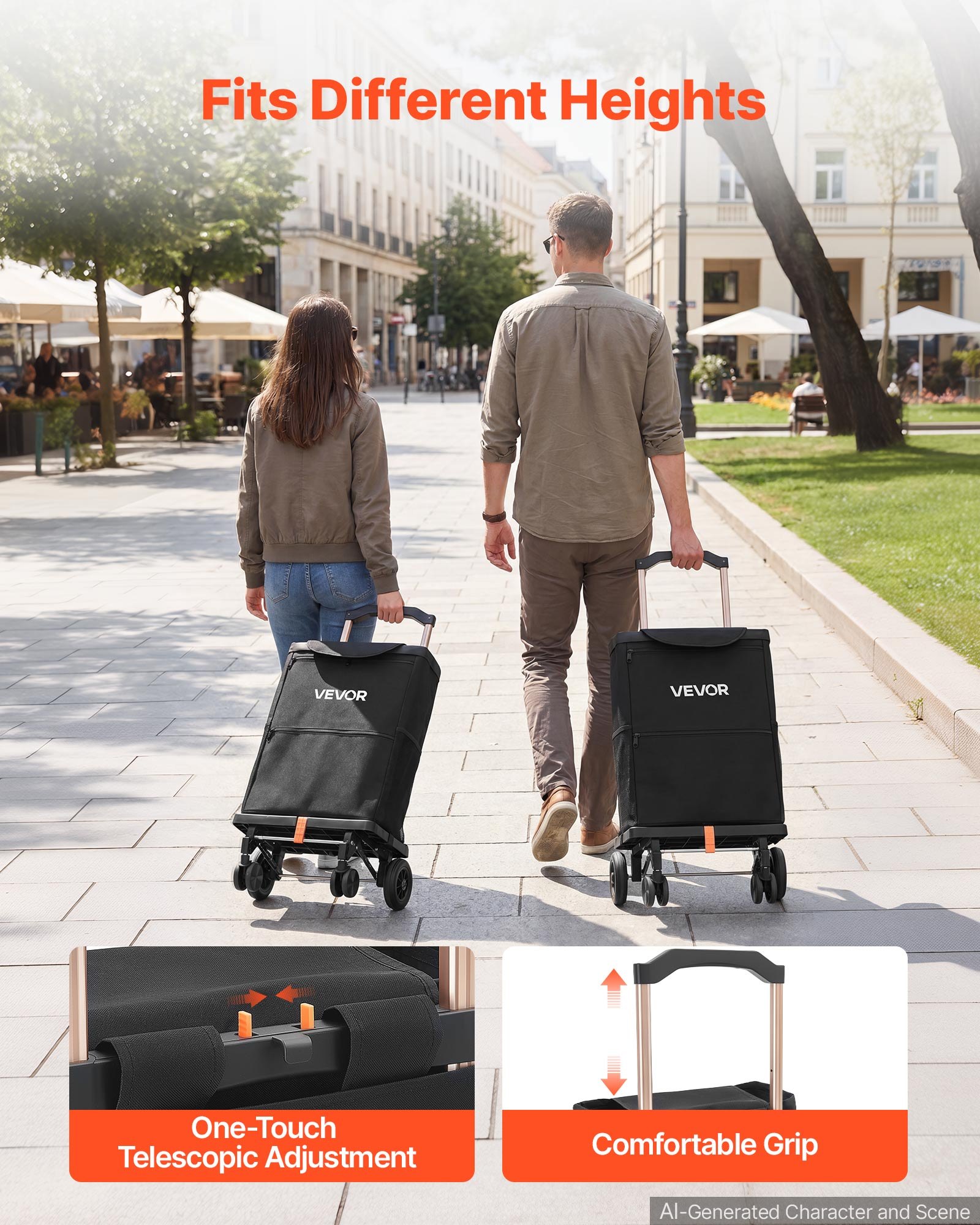 VEVOR Einkaufstrolley Faltbarer Einkaufswagen mit 75kg Tragkraft Schwarz, 40L Kapazität, Mit Kühlfach Teleskopgriff + 4 Rollen, Tasche Abnehmbar, 2-in-1 Einkaufsroller für Einkauf Camping Haushalt