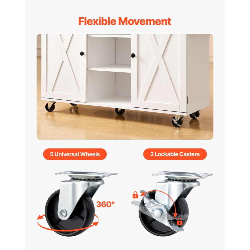 VEVOR Kücheninselwagen mit Massivholzplatte & Lagerschrank, mobiler Rolltisch mit Klappplatte & Schubladen & Gewürzregal, tragbarer Servierwagen auf Lenkrollen für das Esszimmer, 132 cm breit