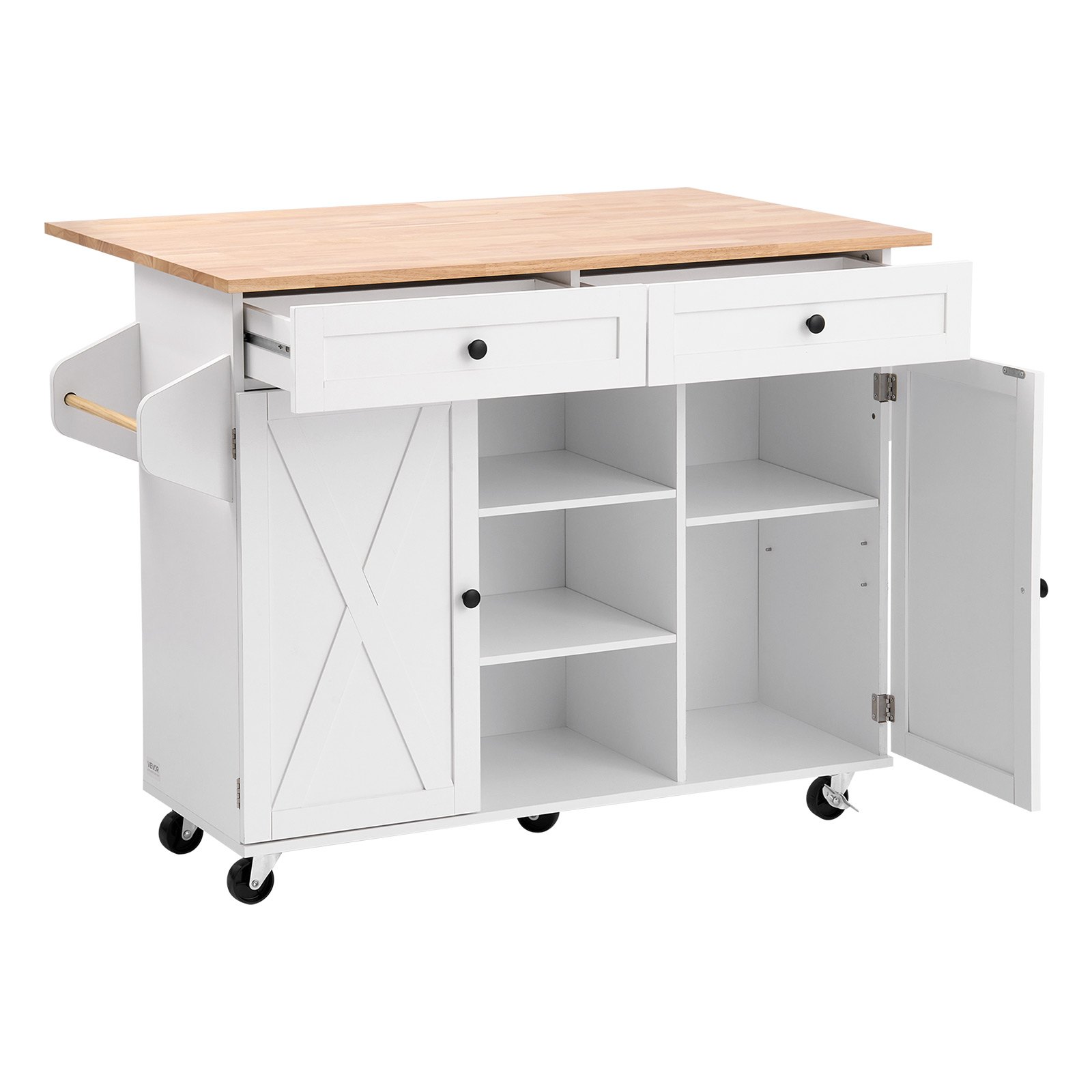 VEVOR Kücheninselwagen mit Massivholzplatte & Lagerschrank, mobiler Rolltisch mit Klappplatte & Schubladen & Gewürzregal, tragbarer Servierwagen auf Lenkrollen für das Esszimmer, 132 cm breit
