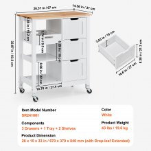 VEVOR Kücheninselwagen Rollschrank Rollbar Schubladen Regale Weiß 67x37x84cm