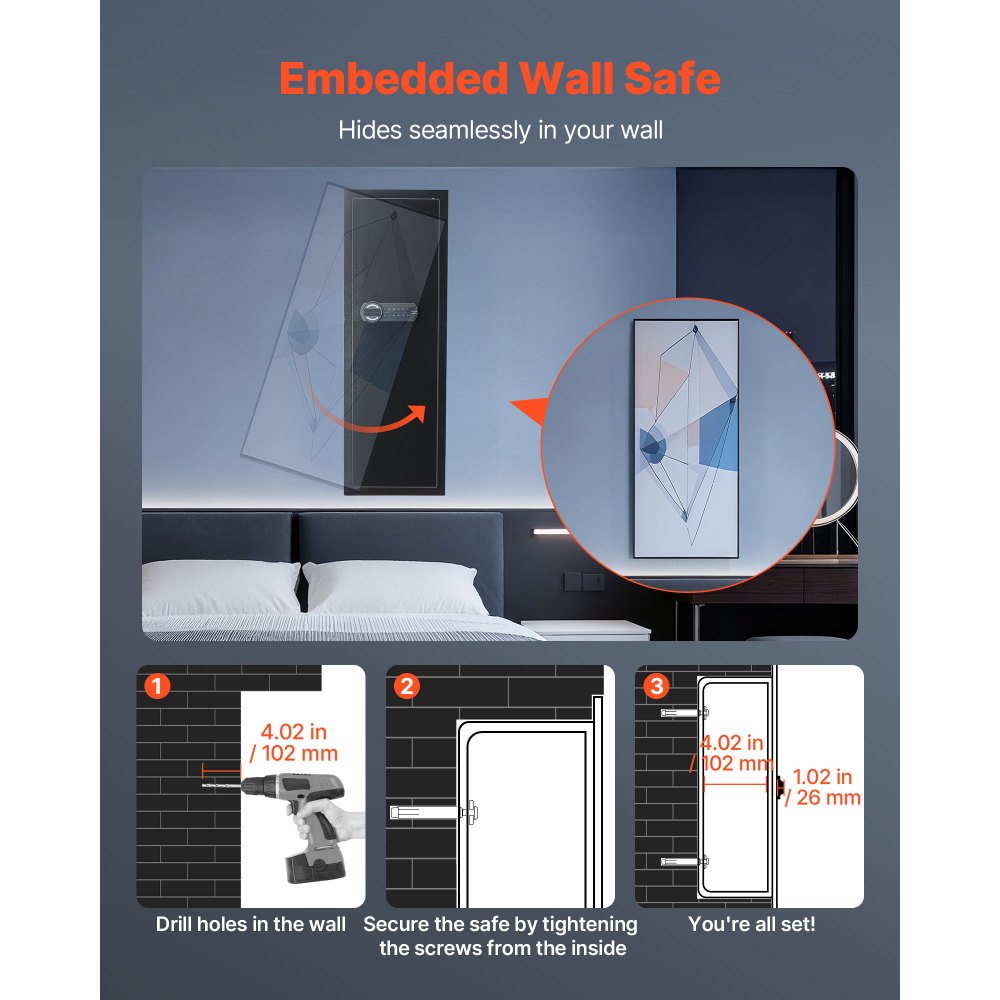 VEVOR Wandsafe Wandtresor mit Passwort & Schlüssel, Einbaugehäuse aus kaltgewalztem Stahl Q235 mit verstellbaren Ablagen & LED-Beleuchtung, Einbausafe Schranktresor für Geld Schmuck Reisepass
