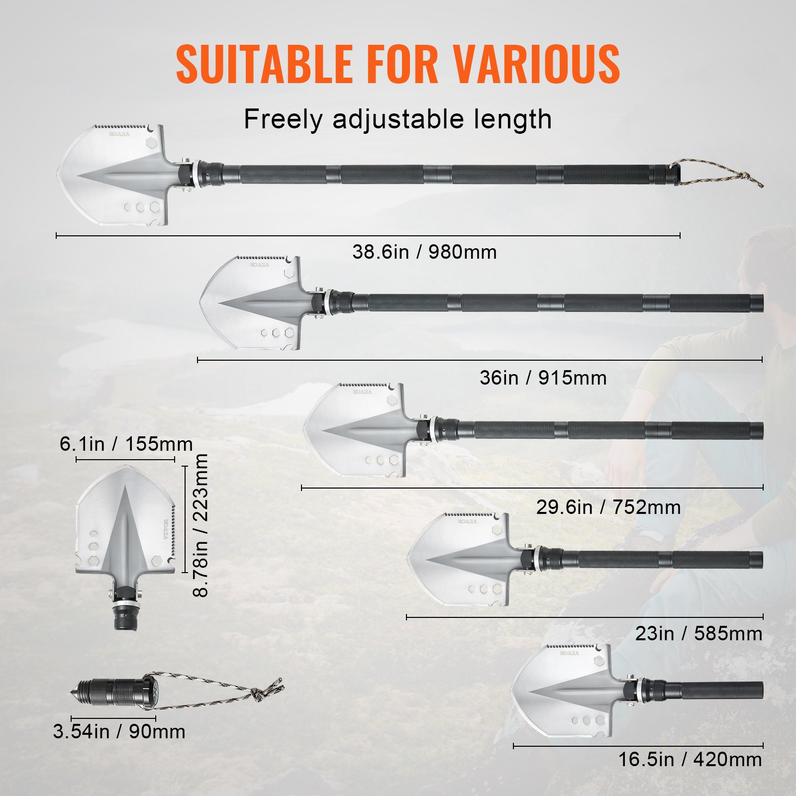 VEVOR Survival-Schaufel 13 in 1 Schaufel, faltbares Multitool 98 cm lange, kompakte Schaufel für Geländefahrten Camping Wandern Outdoor Survivalisten Notfälle