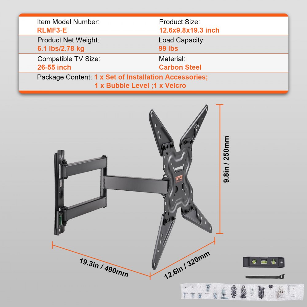 VEVOR TV Wall Mount, Compatible TV Size 660-1397 mm, Universal LCD/LED TV Bracket, 45 kg Load Capacity, 320 x 250 x 60 mm