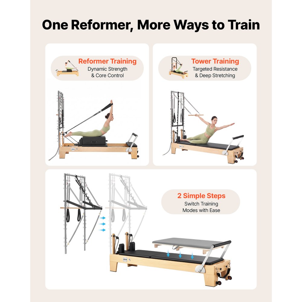 VEVOR Pilates Reformer mit Half Tower 2400 x 735 x 1990 mm aus Ahornholz Ideal für Heimgebrauch & Fitnessstudio, bis 181 kg Belastbar, mit Jumpboard, Federn, Pilates-Box und Verstellbarer Kopfstütze