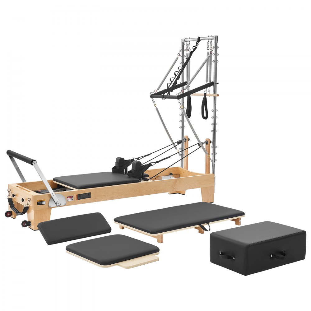 VEVOR Pilates Reformer mit Half Tower 2400 x 735 x 1990 mm aus Ahornholz Ideal für Heimgebrauch & Fitnessstudio, bis 181 kg Belastbar, mit Jumpboard, Federn, Pilates-Box und Verstellbarer Kopfstütze