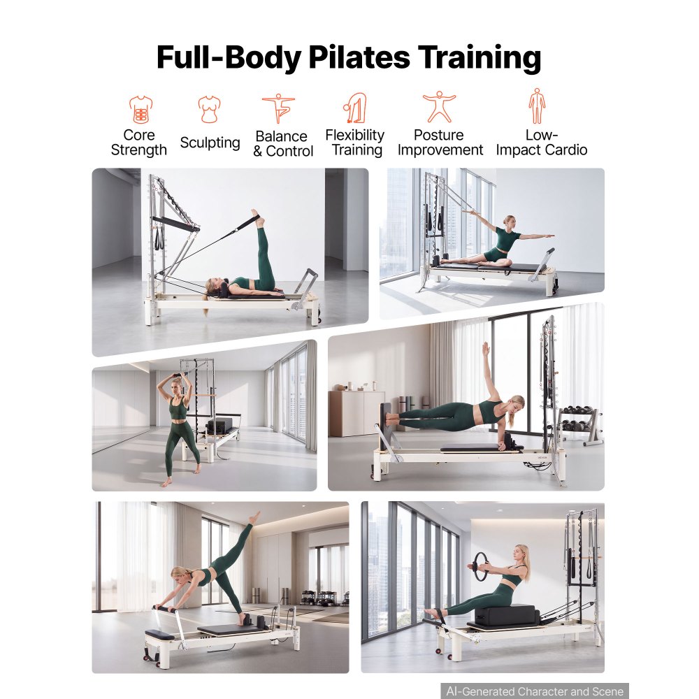 VEVOR Pilates Reformer with Tower 2.4m Pilates Machine 181kg Aluminum Alloy, for Home Use and Gym Workout, with Jump Board, Springs, Sitting Box, and Adjustable Headerest, for Advanced Beginners Users