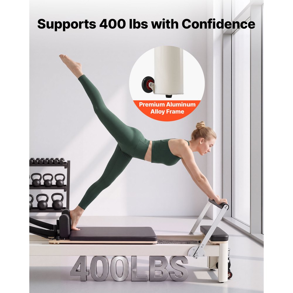 VEVOR Pilates Reformer with Tower 2.4m Pilates Machine 181kg Aluminum Alloy, for Home Use and Gym Workout, with Jump Board, Springs, Sitting Box, and Adjustable Headerest, for Advanced Beginners Users