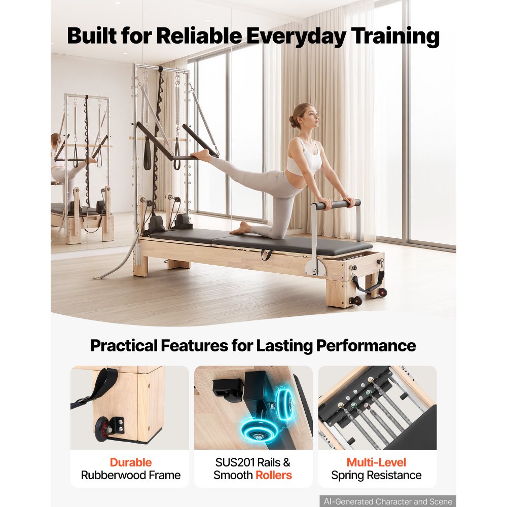 VEVOR Pilates Reformer mit Half Tower 2440 x 800 x 1975 mm Gummibaumholz Ideal für Heimgebrauch & Fitnessstudio, bis 181 kg Belastbar, mit Jumpboard, Federn, Pilates-Box und Verstellbarer Kopfstütze