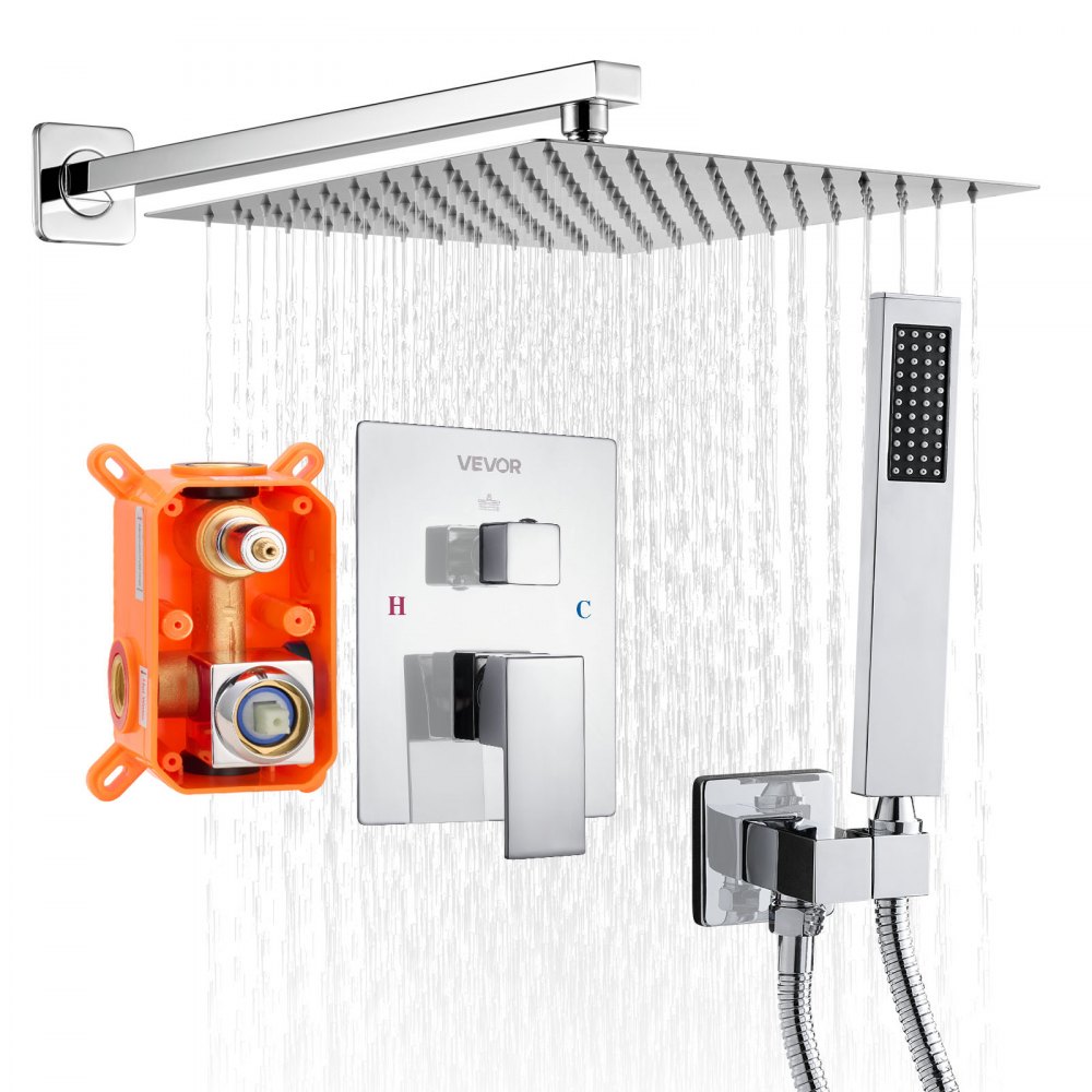 VEVOR Duscharmatur Regenduschsystem fürs Badezimmer Duschsystem mit 305 mm quadratischen Regenduschkopf & Handbrause, wandmontierte Badezimmerarmaturen mit Messingventil & Zierset, Silberchrom