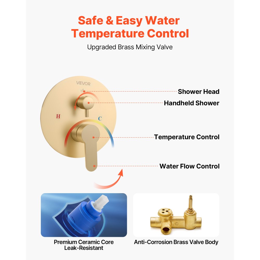 VEVOR Duscharmatur Regenduschsystem fürs Badezimmer Duschsystem mit 254 mm runden Regenduschkopf & Handbrause, wandmontierte Badezimmerarmaturen mit Messingventil & Zierset, gebürstetes Gold