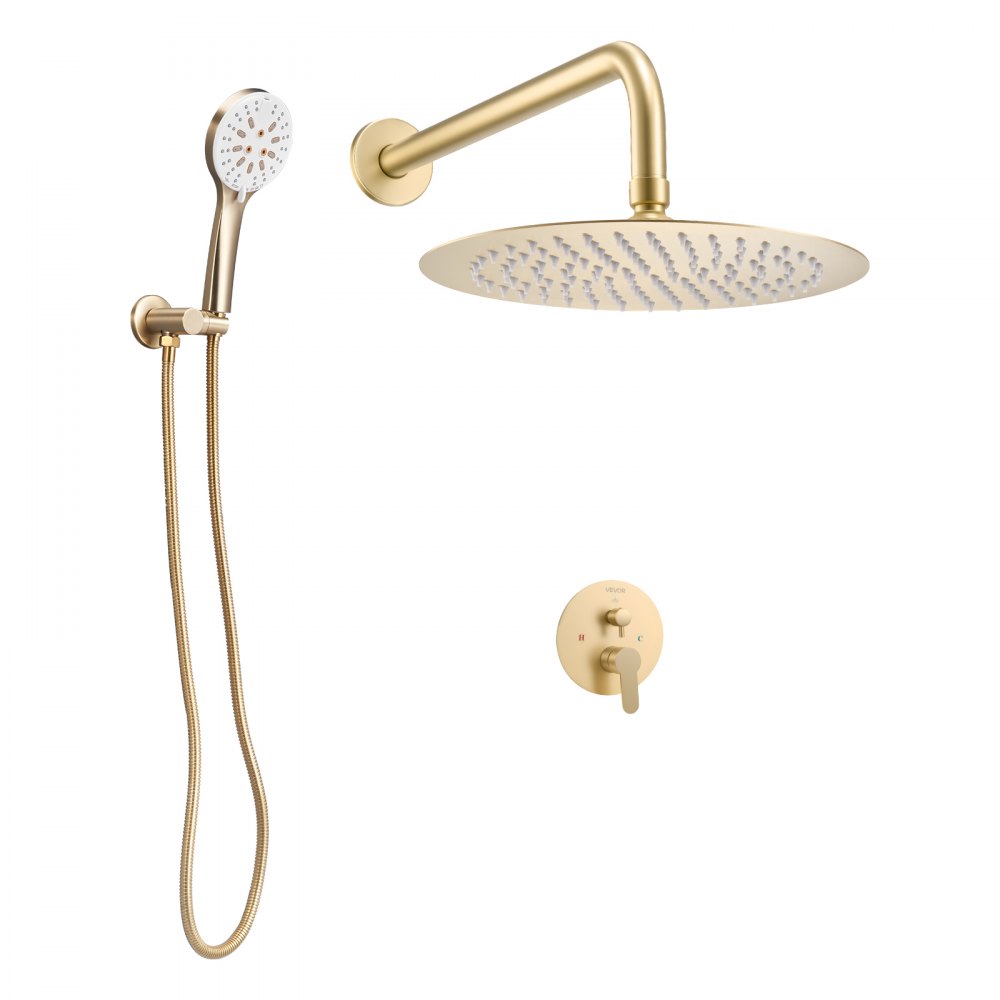 VEVOR Duscharmatur Regenduschsystem fürs Badezimmer Duschsystem mit 254 mm runden Regenduschkopf & Handbrause, wandmontierte Badezimmerarmaturen mit Messingventil & Zierset, gebürstetes Gold