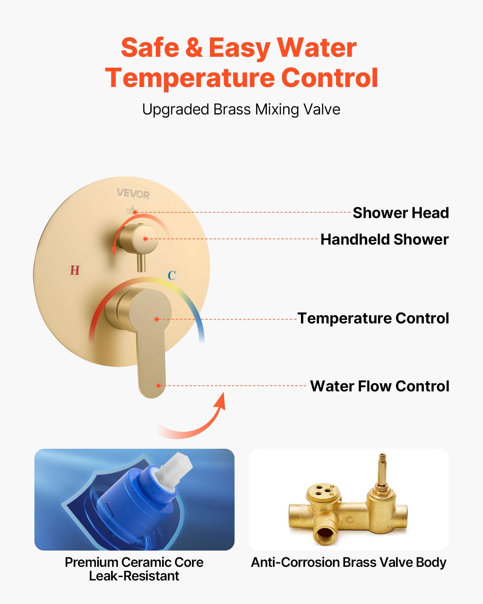 VEVOR Duscharmatur Regenduschsystem fürs Badezimmer Duschsystem mit 254 mm runden Regenduschkopf & Handbrause, wandmontierte Badezimmerarmaturen mit Messingventil & Zierset, gebürstetes Gold