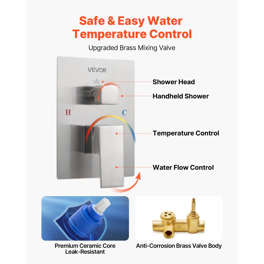 VEVOR Duscharmatur Regenduschsystem fürs Badezimmer Duschsystem mit 305 mm quadratischen Regenduschkopf & Handbrause, wandmontierte Badezimmerarmaturen mit Messingventil & Zierset, gebürstetes Nickel