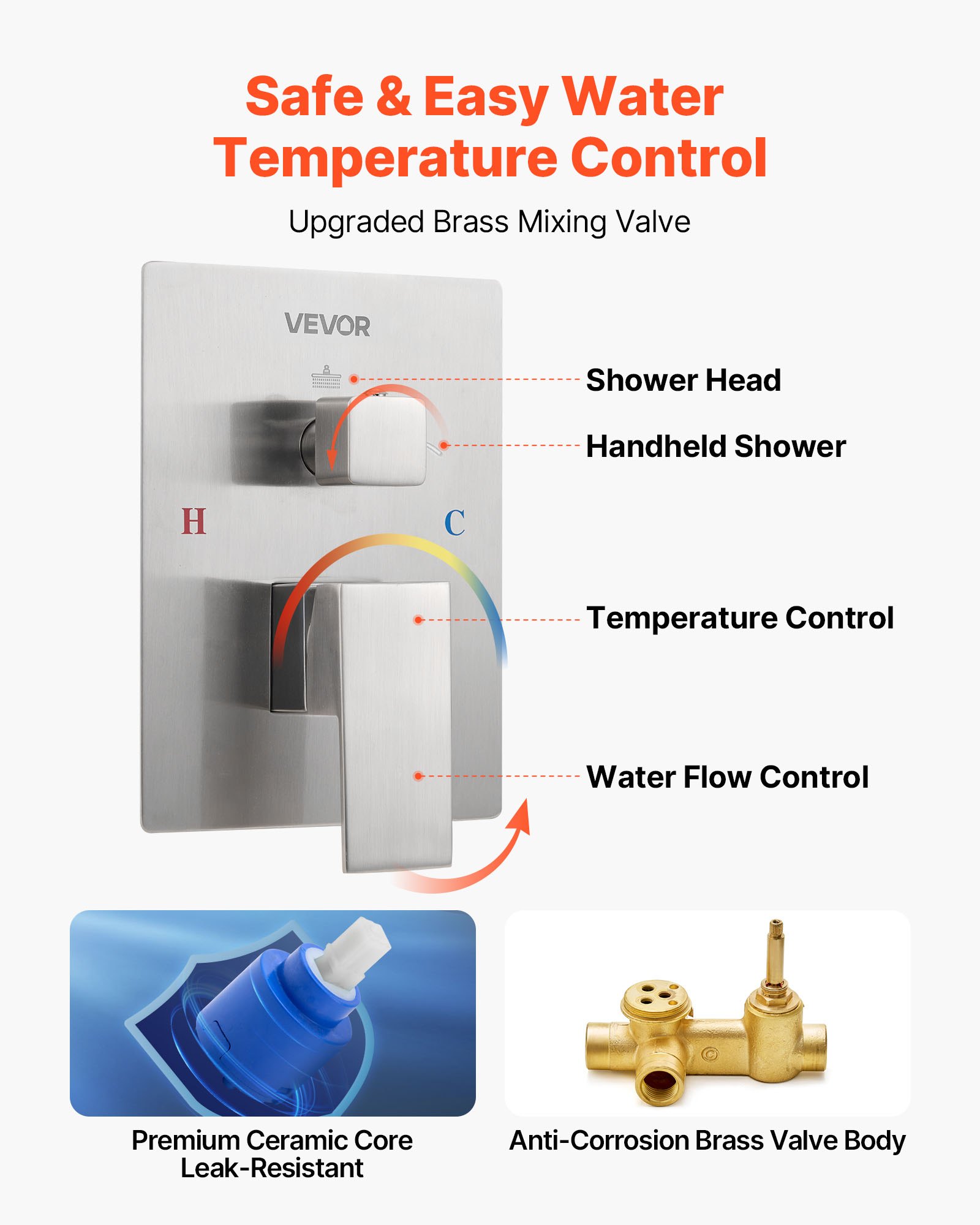 VEVOR Shower Faucet Set, Rainfall Bathroom Shower System with 12-Inch (30.5cm) Square Rain Shower Head and Handheld Spray, Wall Mounted Bath Fixtures with Brass Valve and Trim Kit, Brushed Nickel