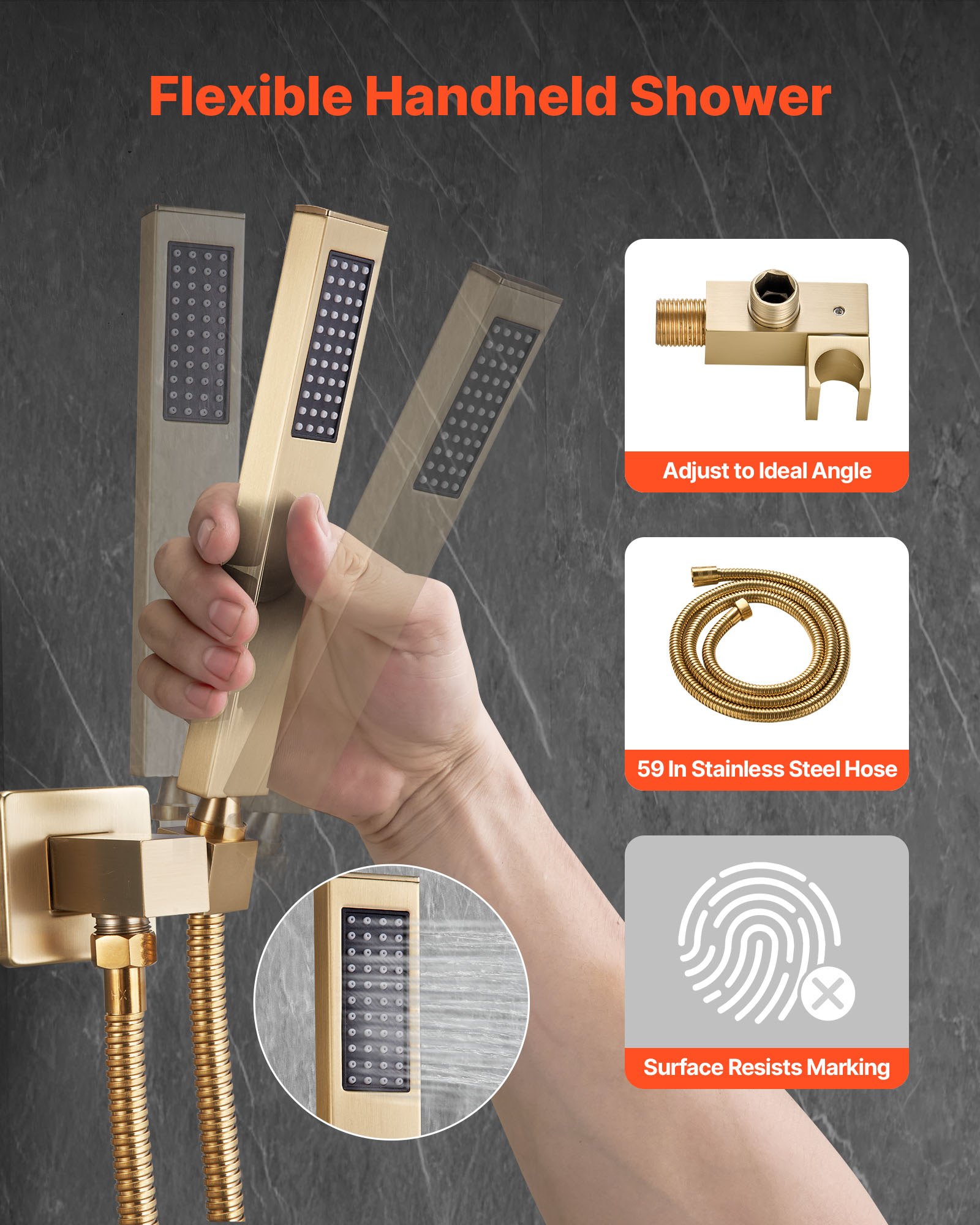 VEVOR Duscharmatur Regenduschsystem fürs Badezimmer Duschsystem mit 254 mm quadratischen Regenduschkopf & Handbrause, wandmontierte Badezimmerarmaturen mit Messingventil & Zierset, gebürstetes Gold