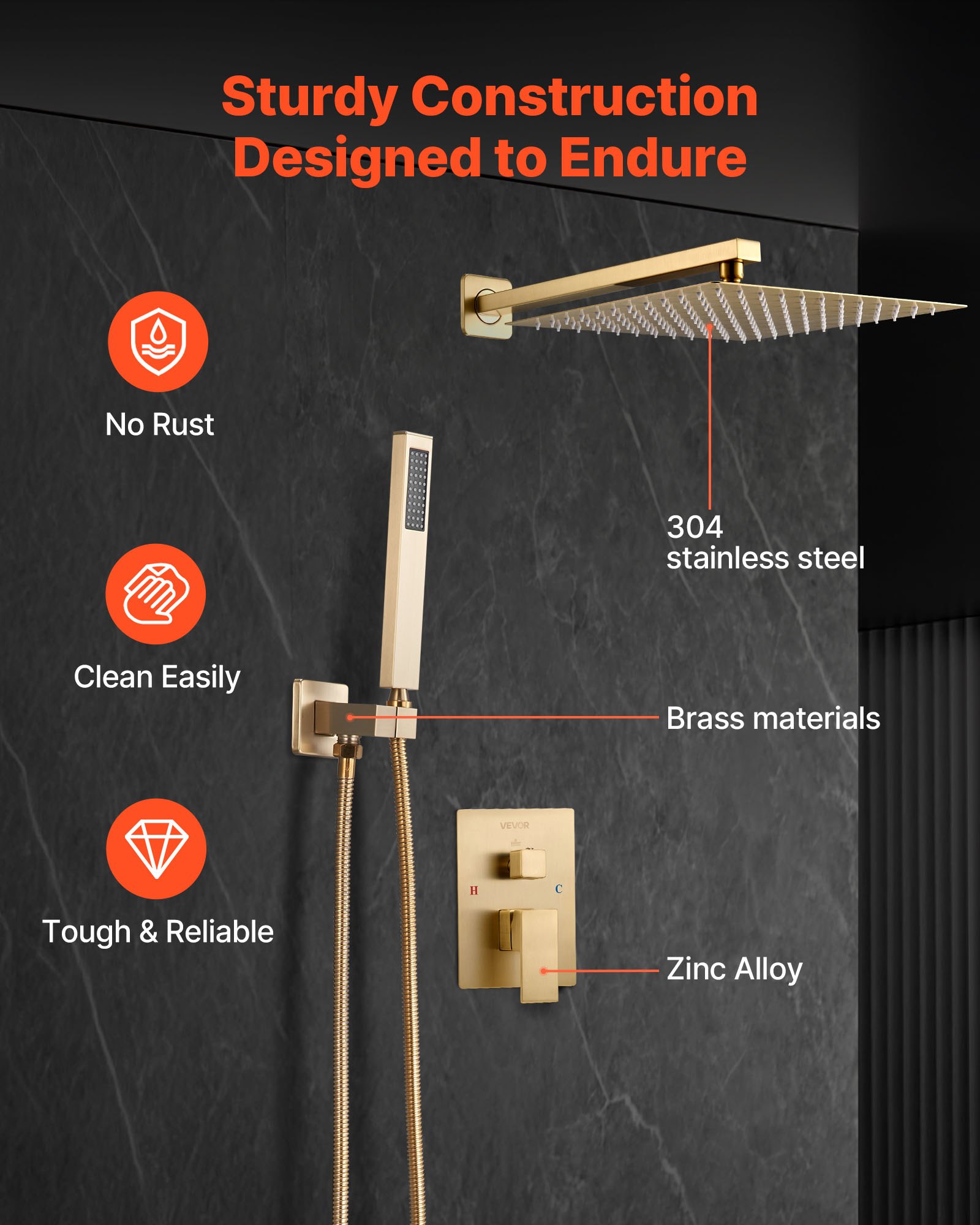 VEVOR Duscharmatur Regenduschsystem fürs Badezimmer Duschsystem mit 254 mm quadratischen Regenduschkopf & Handbrause, wandmontierte Badezimmerarmaturen mit Messingventil & Zierset, gebürstetes Gold