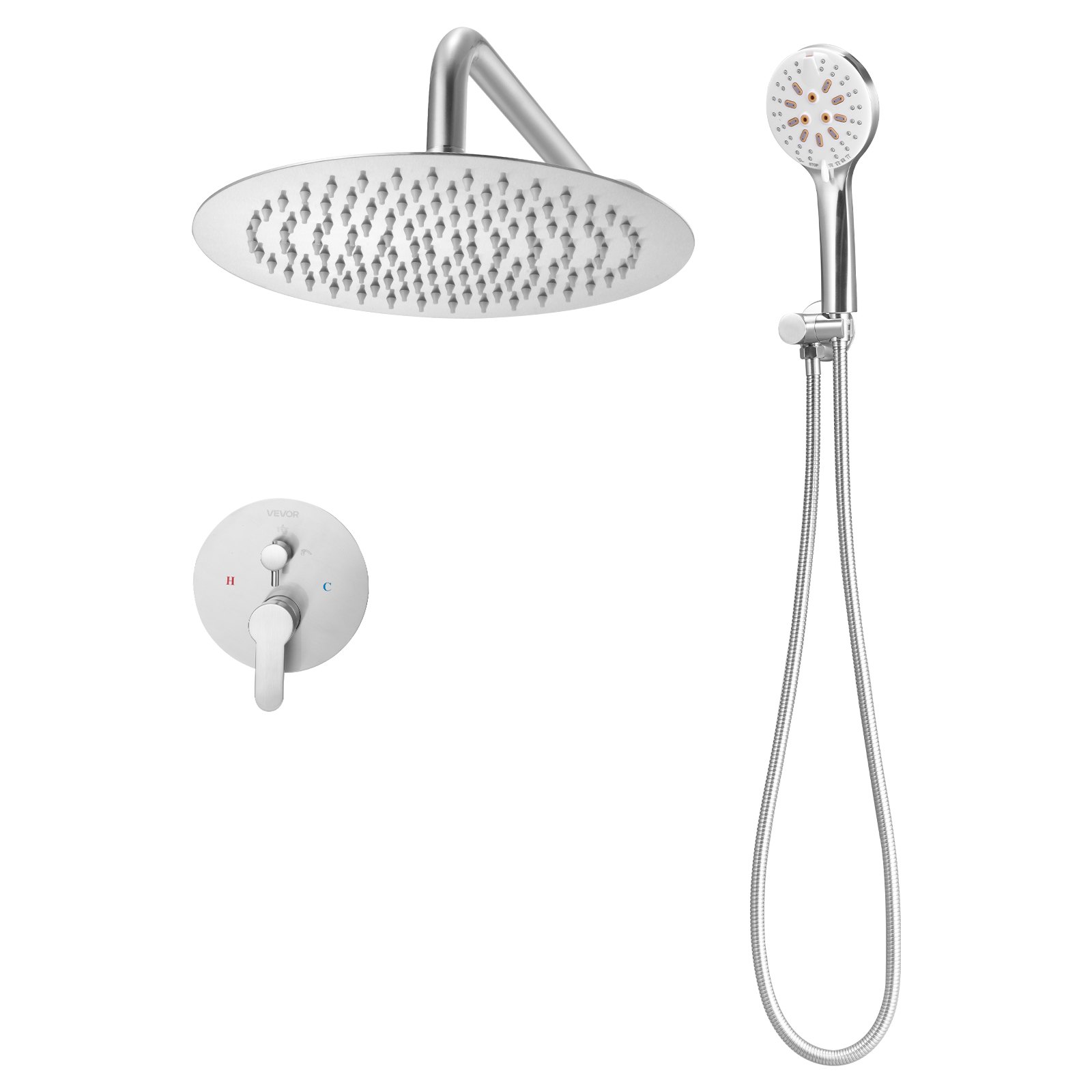 VEVOR Shower Faucet Set, Rainfall Bathroom Shower System with 10-Inch (25.4cm) Round Rain Shower Head and Handheld Spray, Wall Mounted Bath Fixtures with Brass Valve and Trim Kit, Brushed Nickel