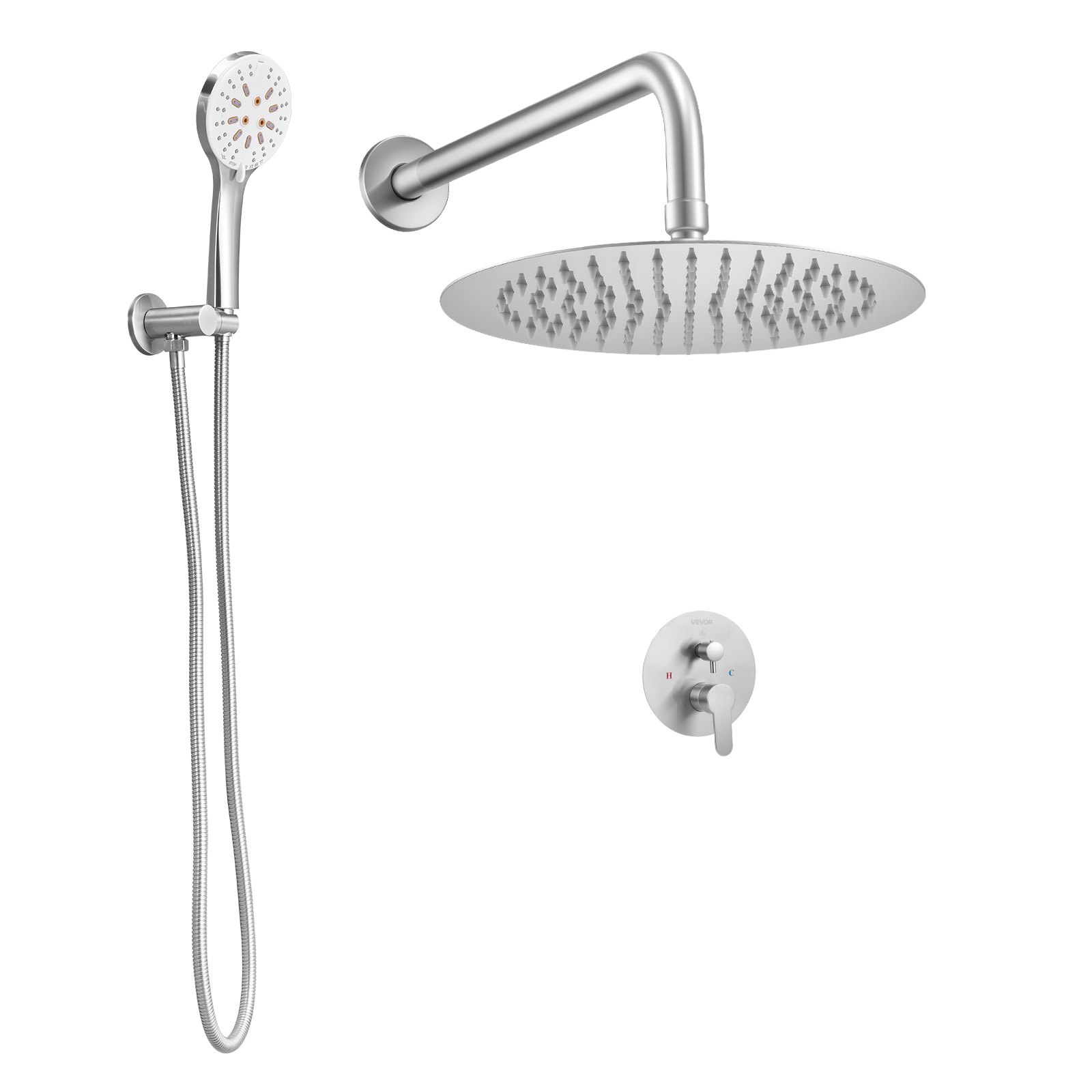VEVOR Shower Faucet Set, Rainfall Bathroom Shower System with 10-Inch (25.4cm) Round Rain Shower Head and Handheld Spray, Wall Mounted Bath Fixtures with Brass Valve and Trim Kit, Brushed Nickel