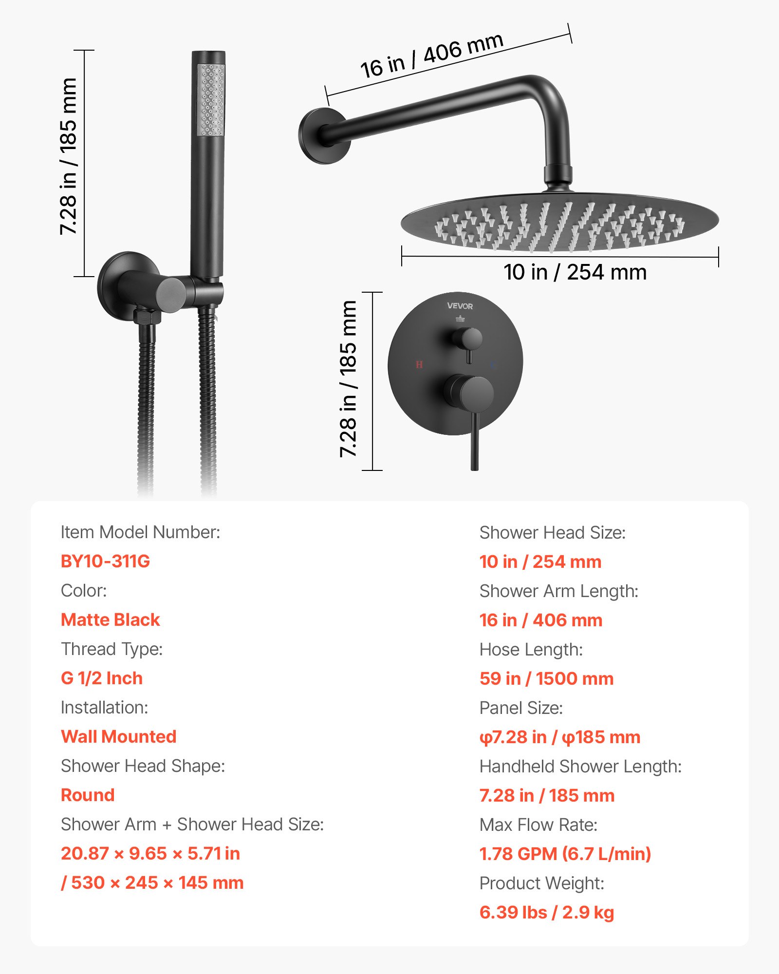 VEVOR Shower Faucet Set, Rainfall Bathroom Shower System with 10-Inch (25.4cm) Round Rain Shower Head and Handheld Spray, Wall Mounted Bath Fixtures with Brass Valve and Trim Kit, Matte Black