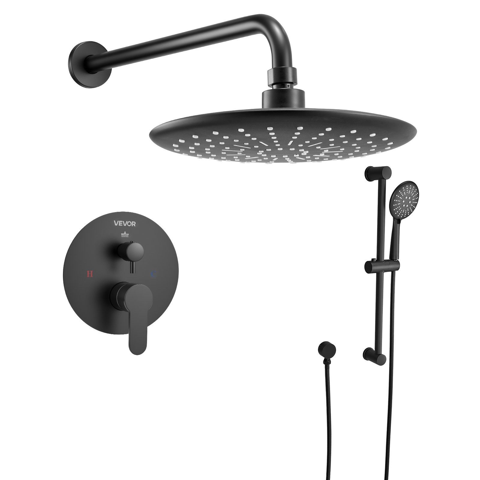 VEVOR Shower Faucet Set, Rainfall Bathroom Shower System with 9-Inch (23cm) Round Rain Shower Head and Handheld Spray, Wall Mounted Bath Fixtures with Brass Valve and Trim Kit, Matte Black