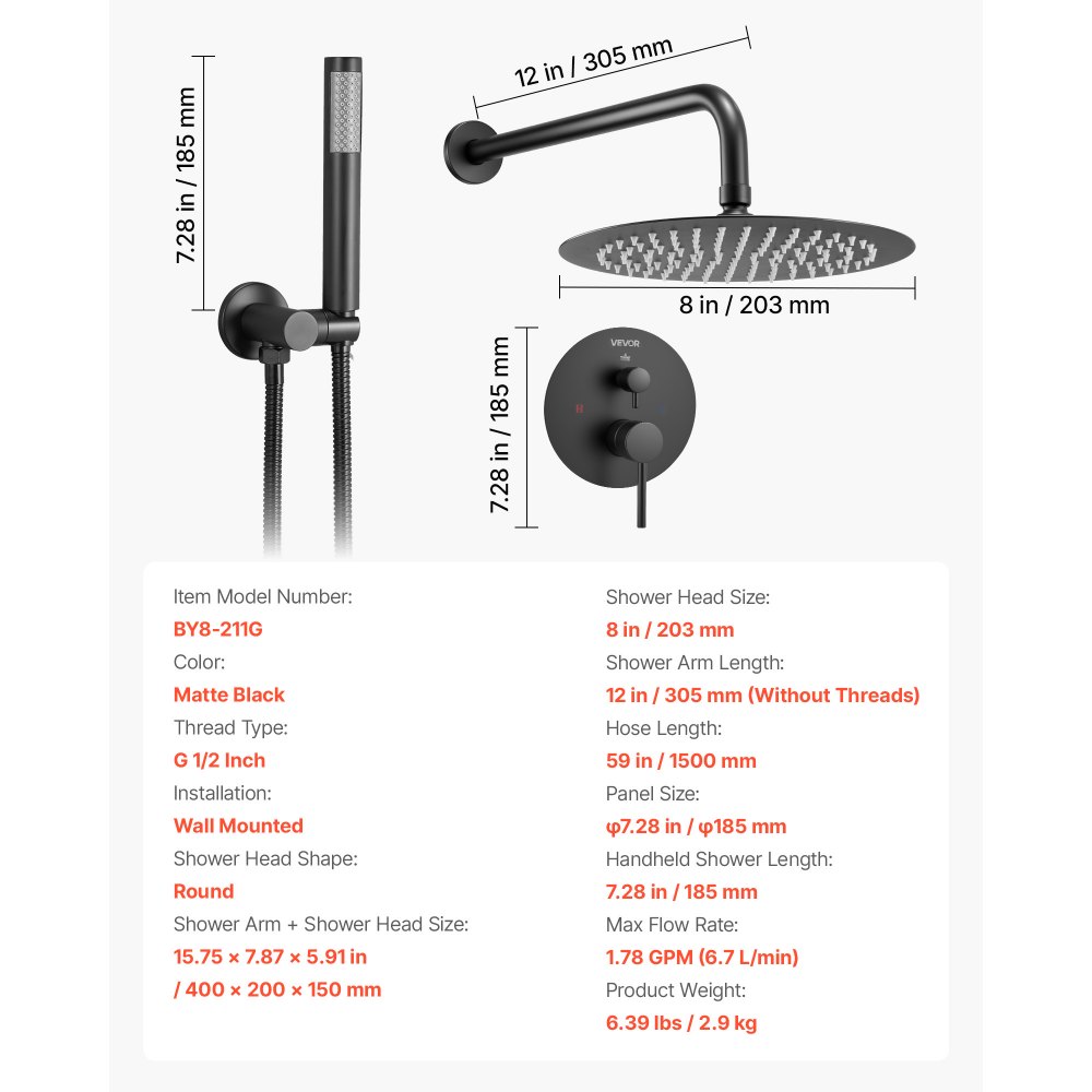 VEVOR Shower Faucet Set, Rainfall Bathroom Shower System with 8-Inch (20.3cm) Round Rain Shower Head and Handheld Spray, Wall Mounted Bath Fixtures with Brass Valve and Trim Kit, Matte Black