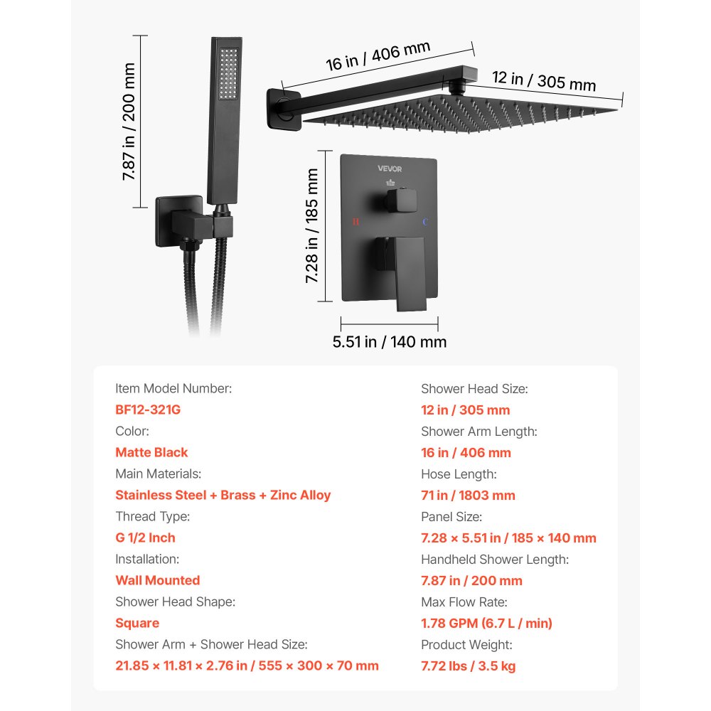 VEVOR Duscharmatur Regenduschsystem fürs Badezimmer Duschsystem mit 305 mm quadratischen Regenduschkopf & Handbrause, wandmontierte Badezimmerarmaturen mit Messingventil & Zierset, Mattschwarz